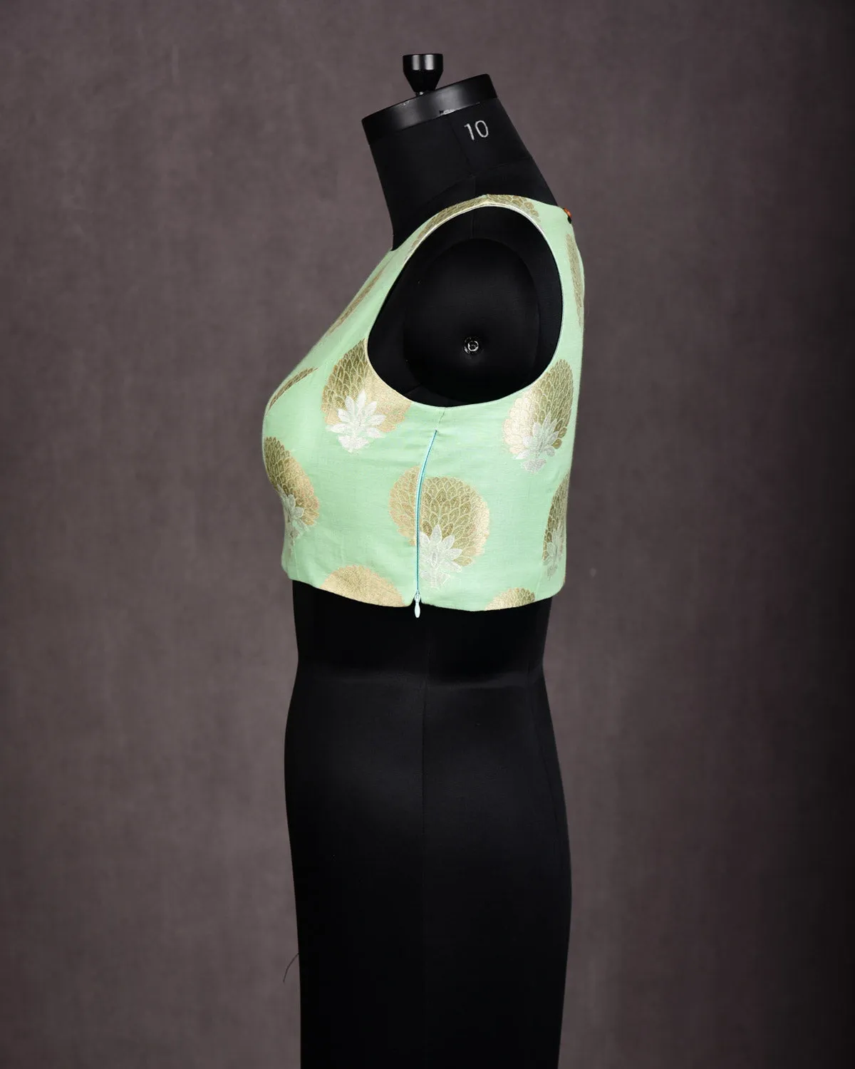Aqua Marine Gold & Silver Zari Brocade Princess-Cut Boat-Neck Cotton Silk Sleeveless Blouse