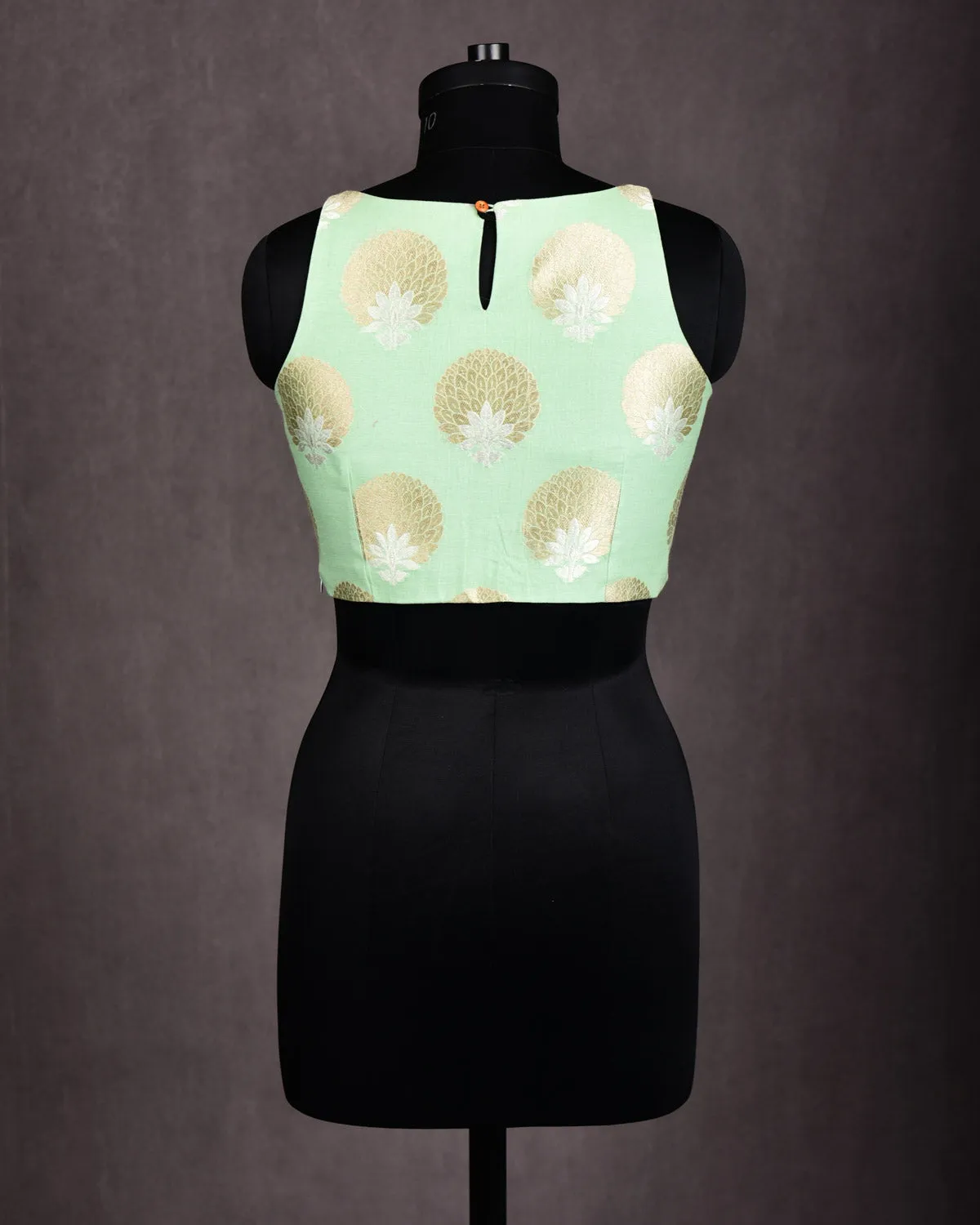 Aqua Marine Gold & Silver Zari Brocade Princess-Cut Boat-Neck Cotton Silk Sleeveless Blouse