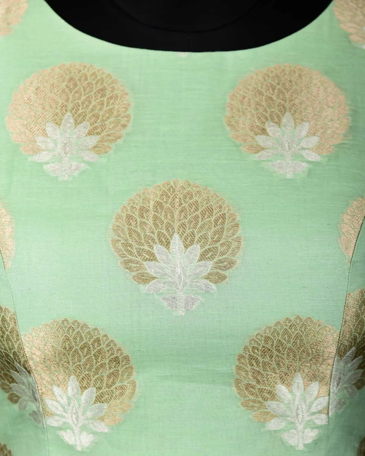 Aqua Marine Gold & Silver Zari Brocade Princess-Cut Boat-Neck Cotton Silk Sleeveless Blouse