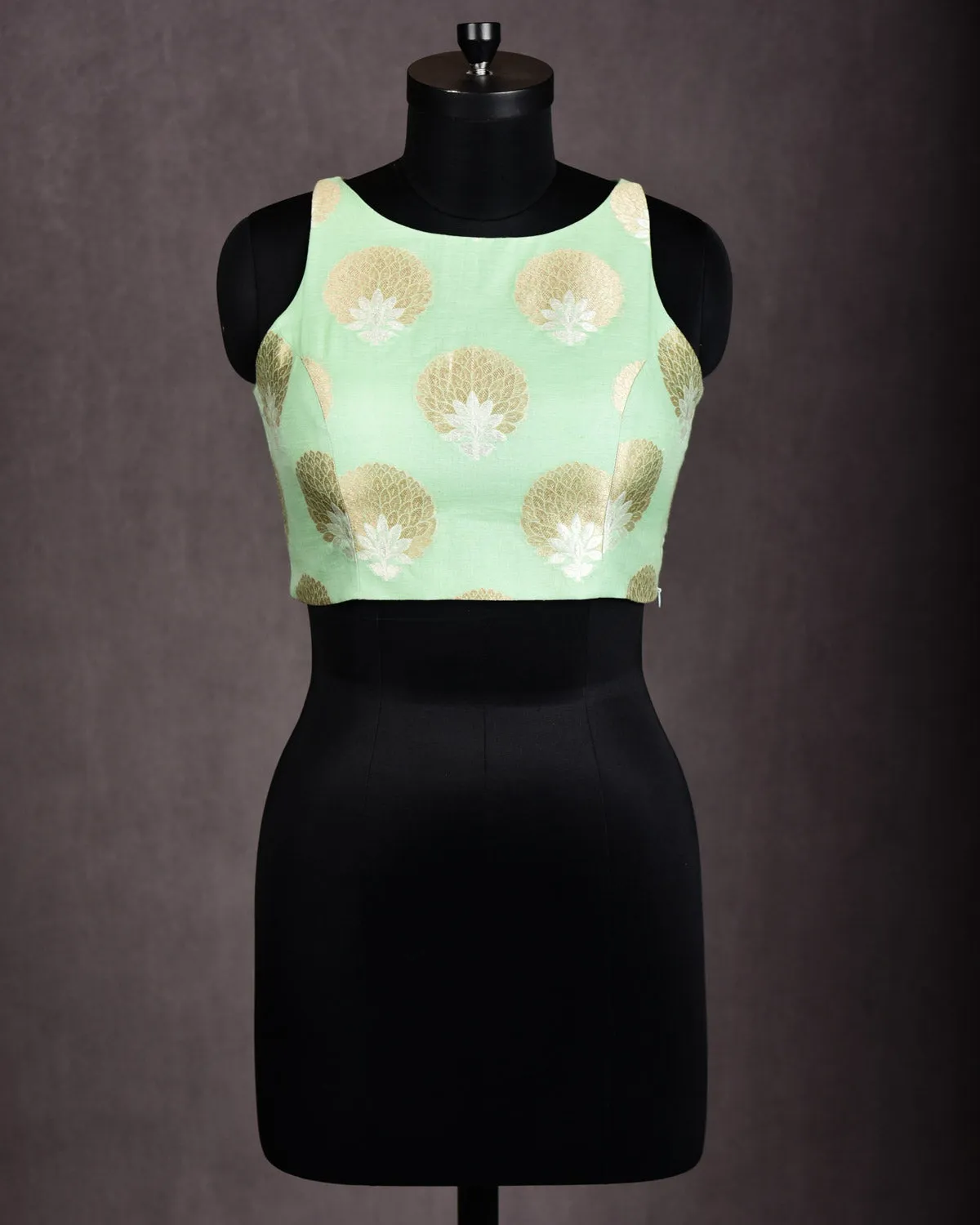 Aqua Marine Gold & Silver Zari Brocade Princess-Cut Boat-Neck Cotton Silk Sleeveless Blouse