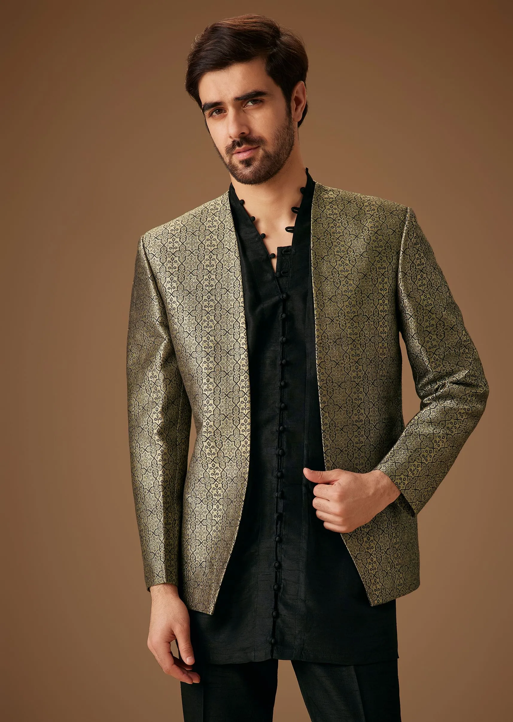 Black Banarasi Silk Indowestern Bandi Set
