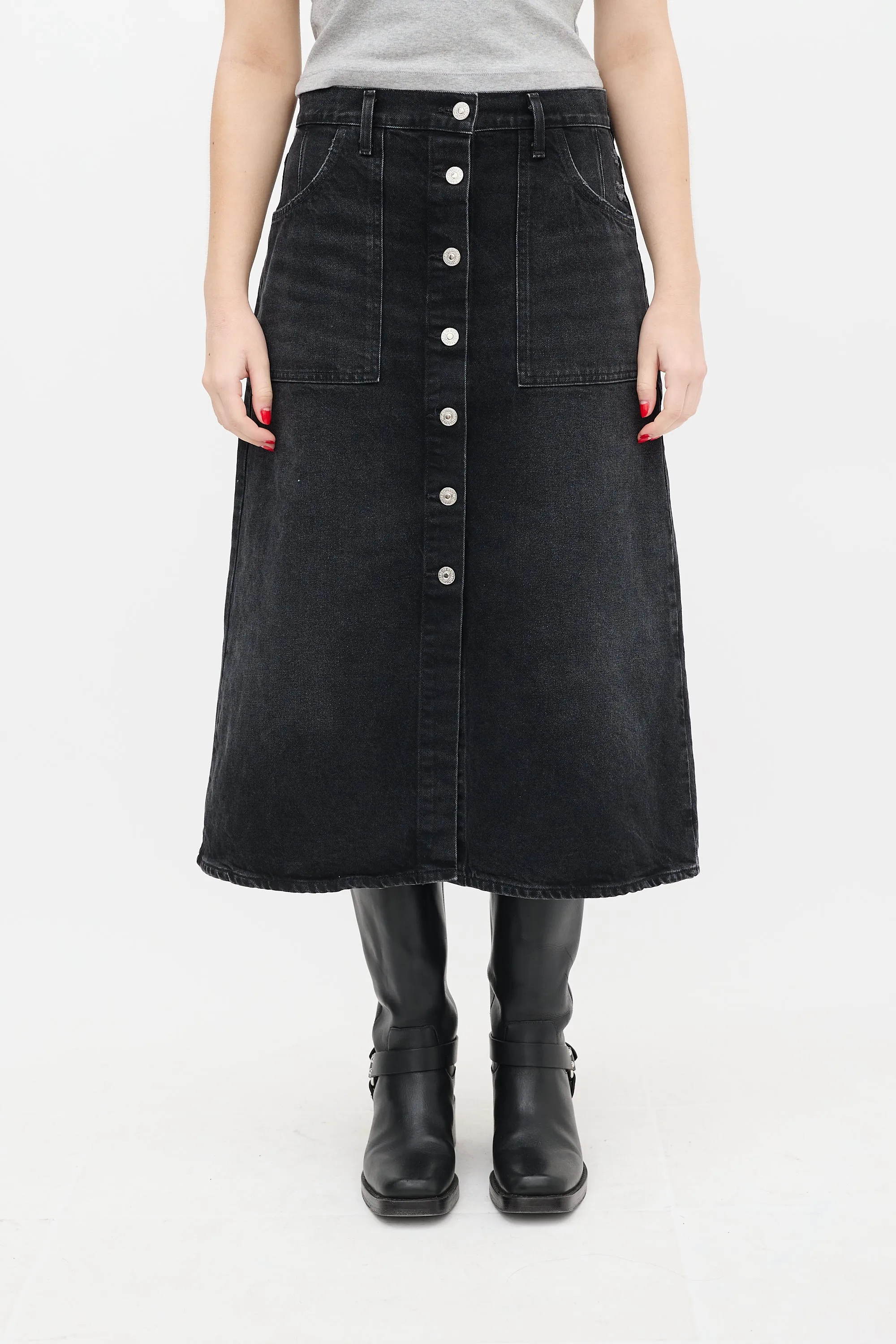 Black Button Up Denim Midi Skirt