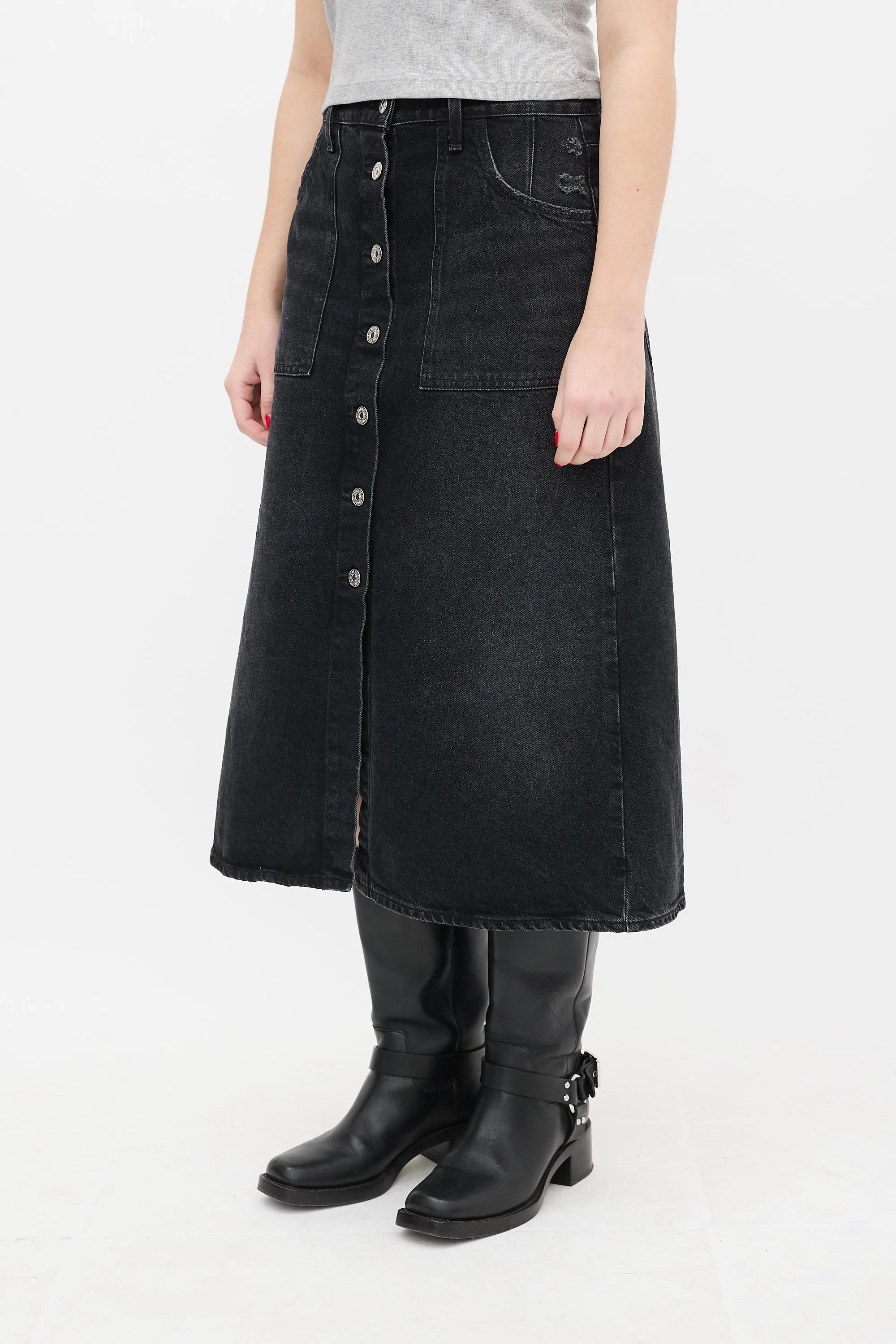 Black Button Up Denim Midi Skirt