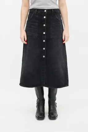 Black Button Up Denim Midi Skirt