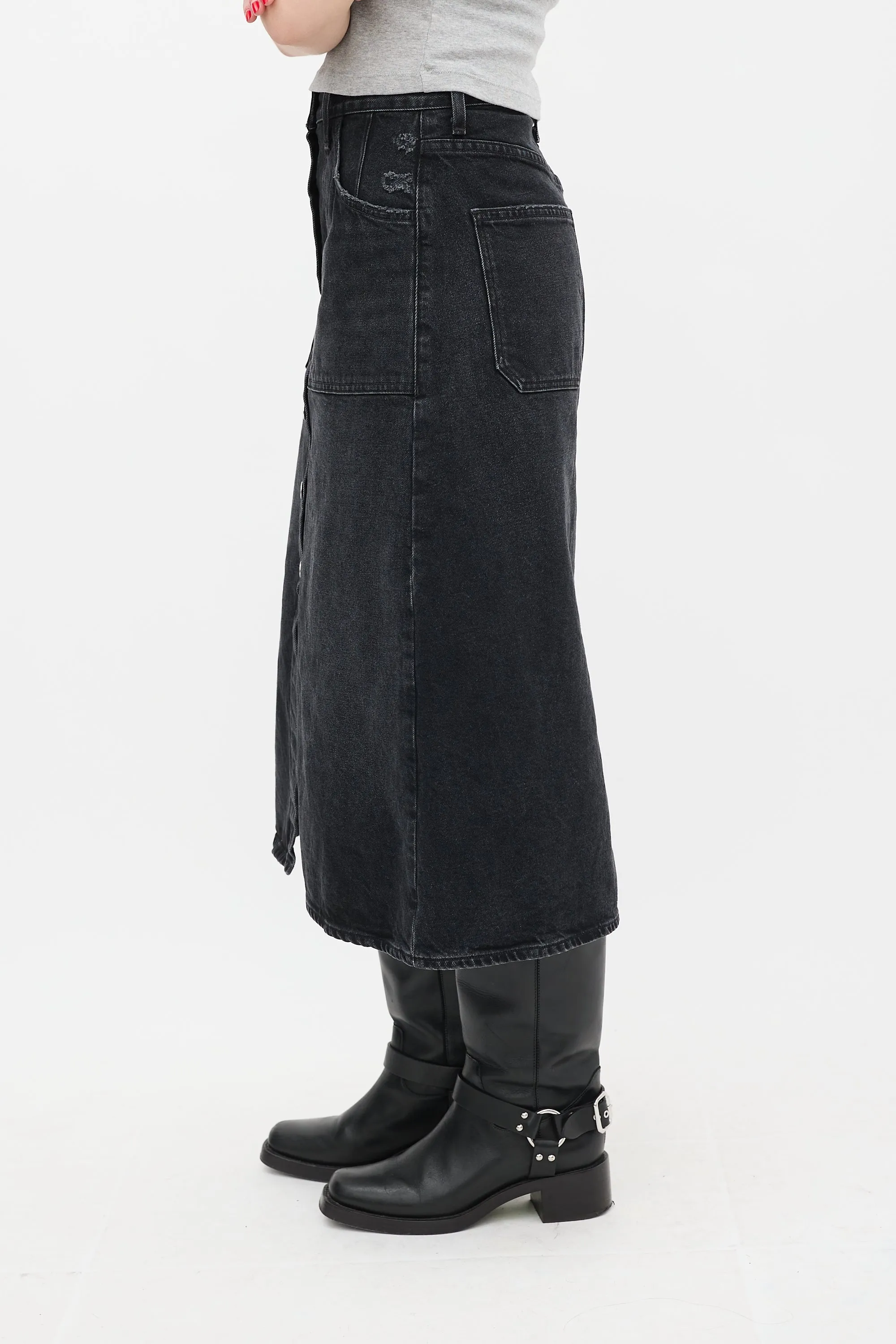 Black Button Up Denim Midi Skirt