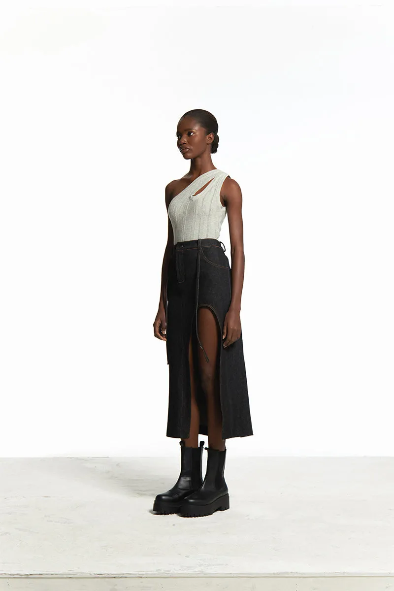 CUT OUT SLIT DENIM SKIRT
