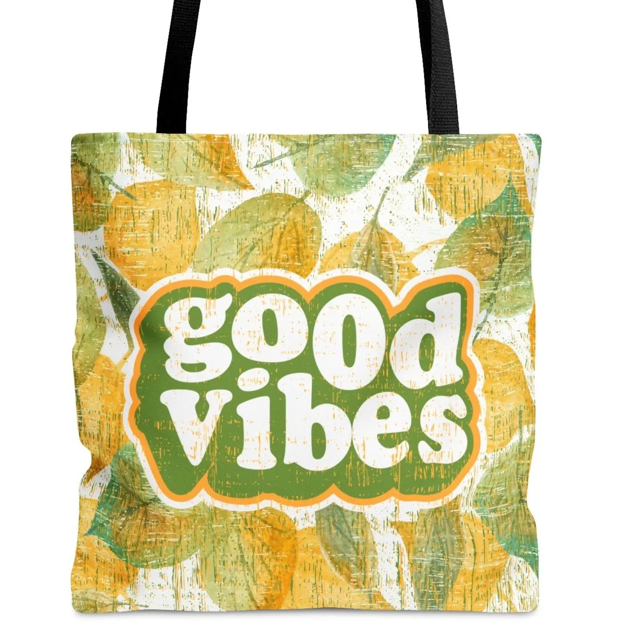Good Vibes Retro Font Large Tote Bag: Pretty Yellow and Green Leaves Design