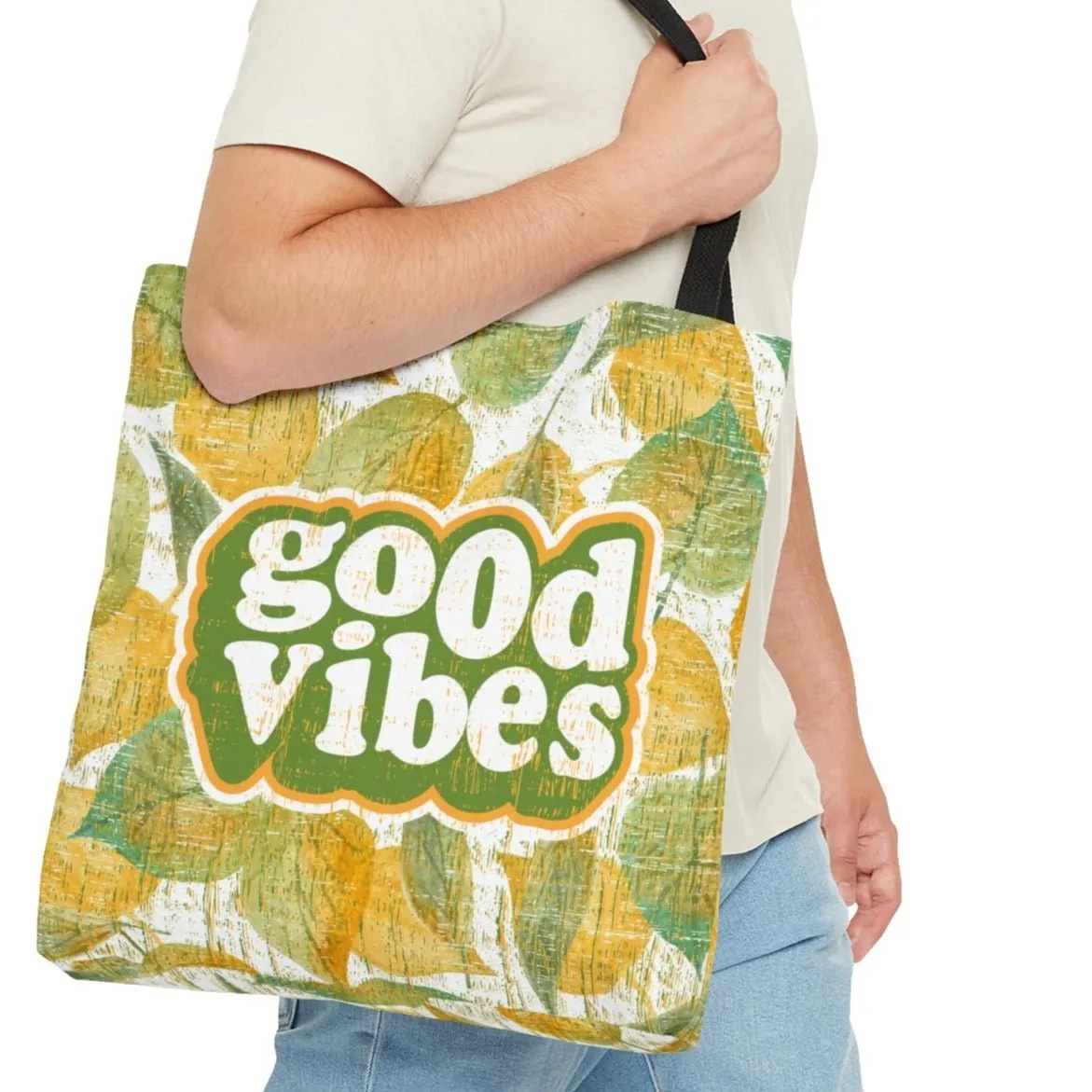 Good Vibes Retro Font Large Tote Bag: Pretty Yellow and Green Leaves Design