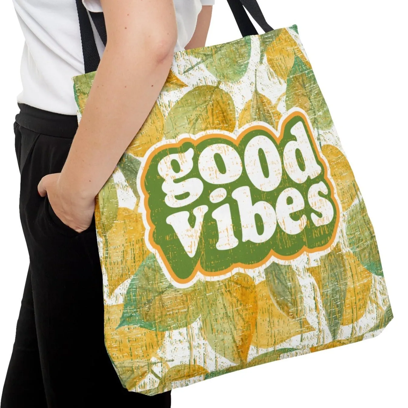 Good Vibes Retro Font Large Tote Bag: Pretty Yellow and Green Leaves Design