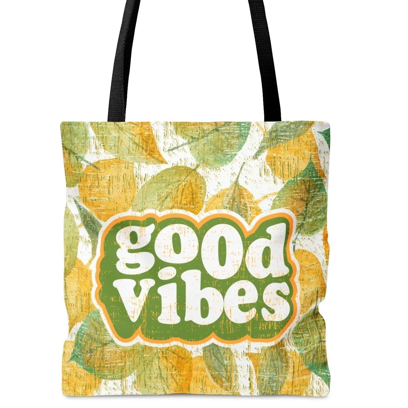 Good Vibes Retro Font Large Tote Bag: Pretty Yellow and Green Leaves Design
