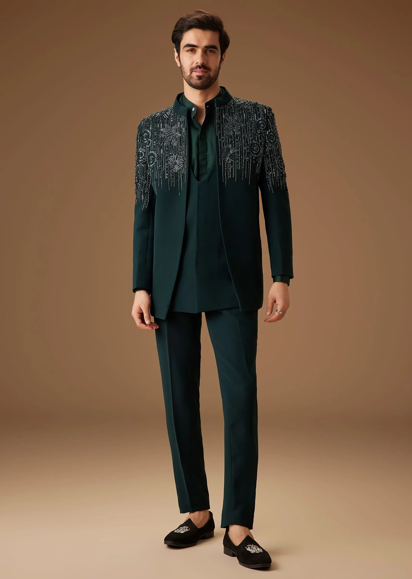 Green Embroidered Indo Western Jacket Set
