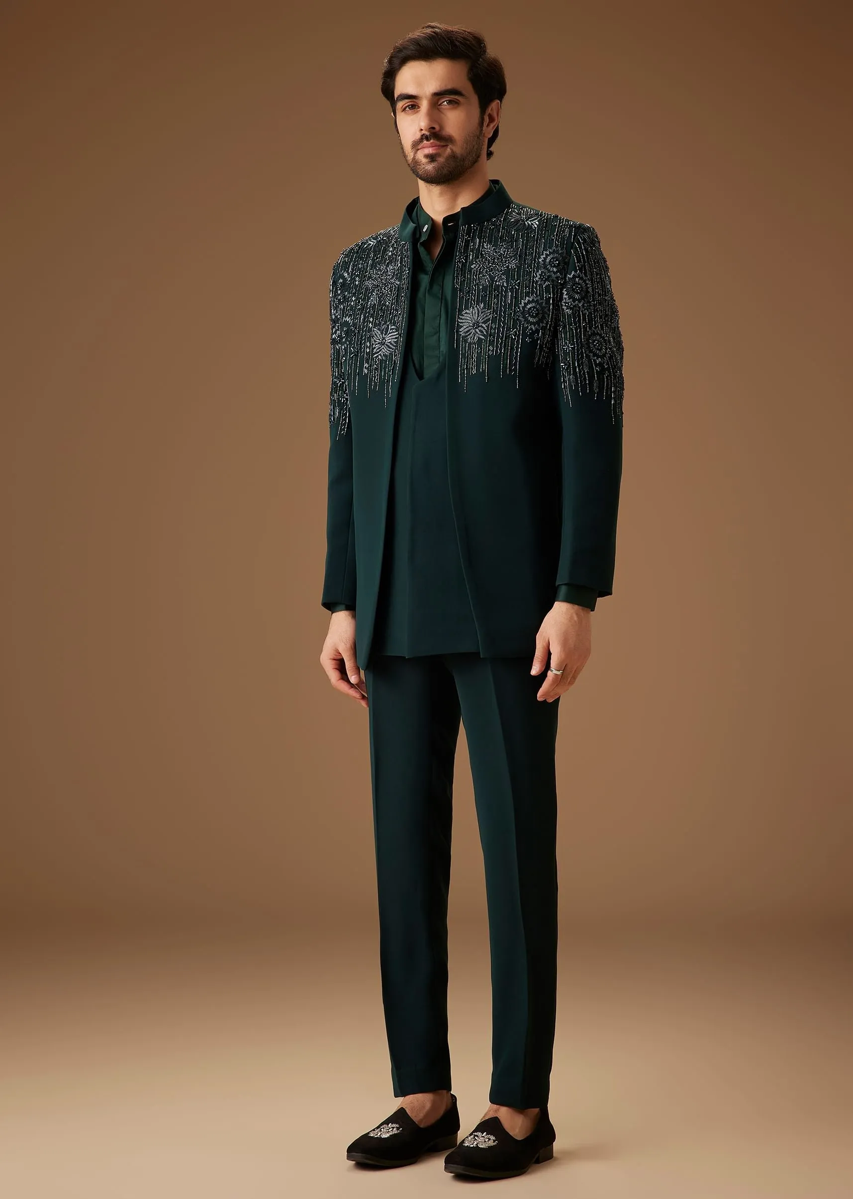 Green Embroidered Indo Western Jacket Set