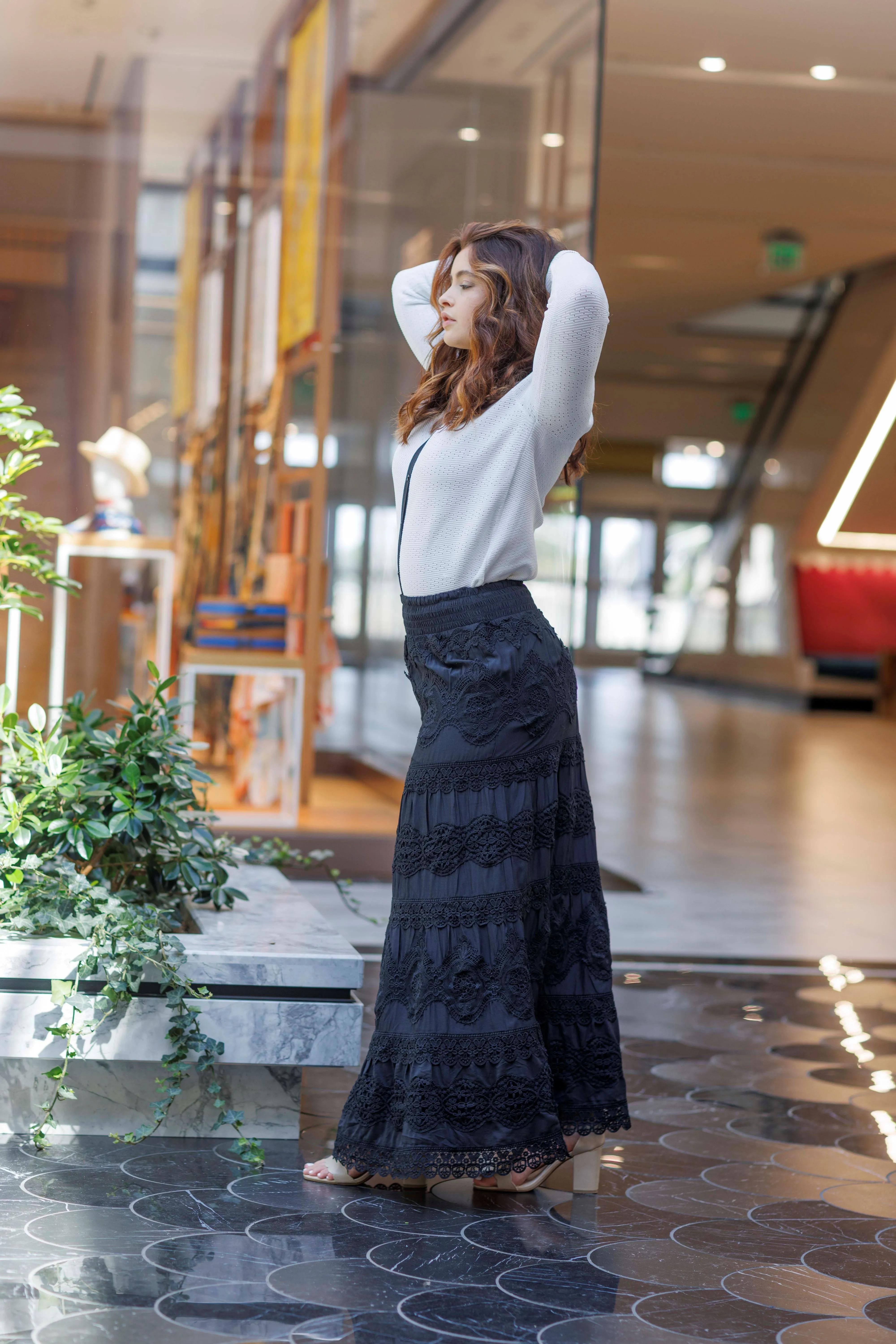 LACE STRIPE MAXI SKIRT-25224