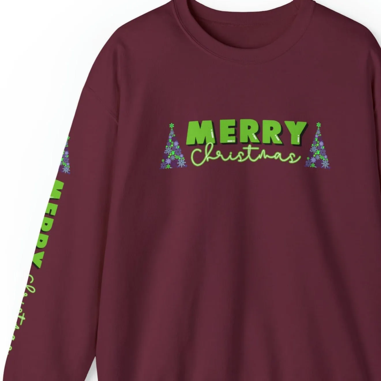Merry Christmas Decorated Trees Women's Sweatshirt: Festive Arm Detail
