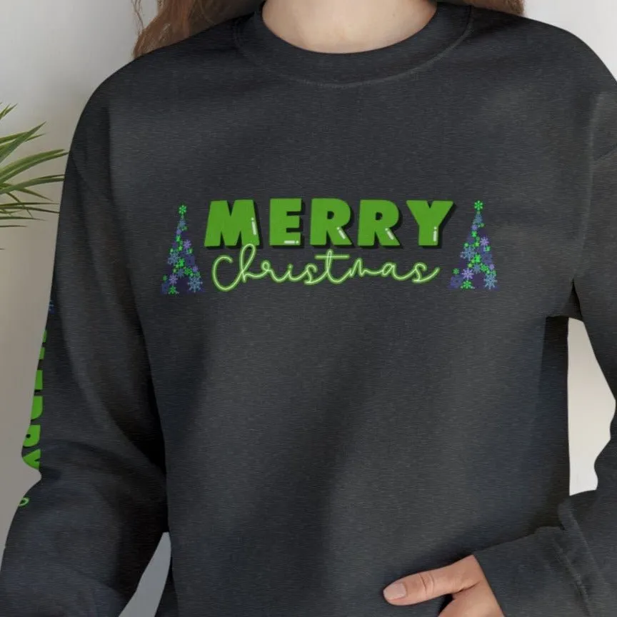 Merry Christmas Decorated Trees Women's Sweatshirt: Festive Arm Detail