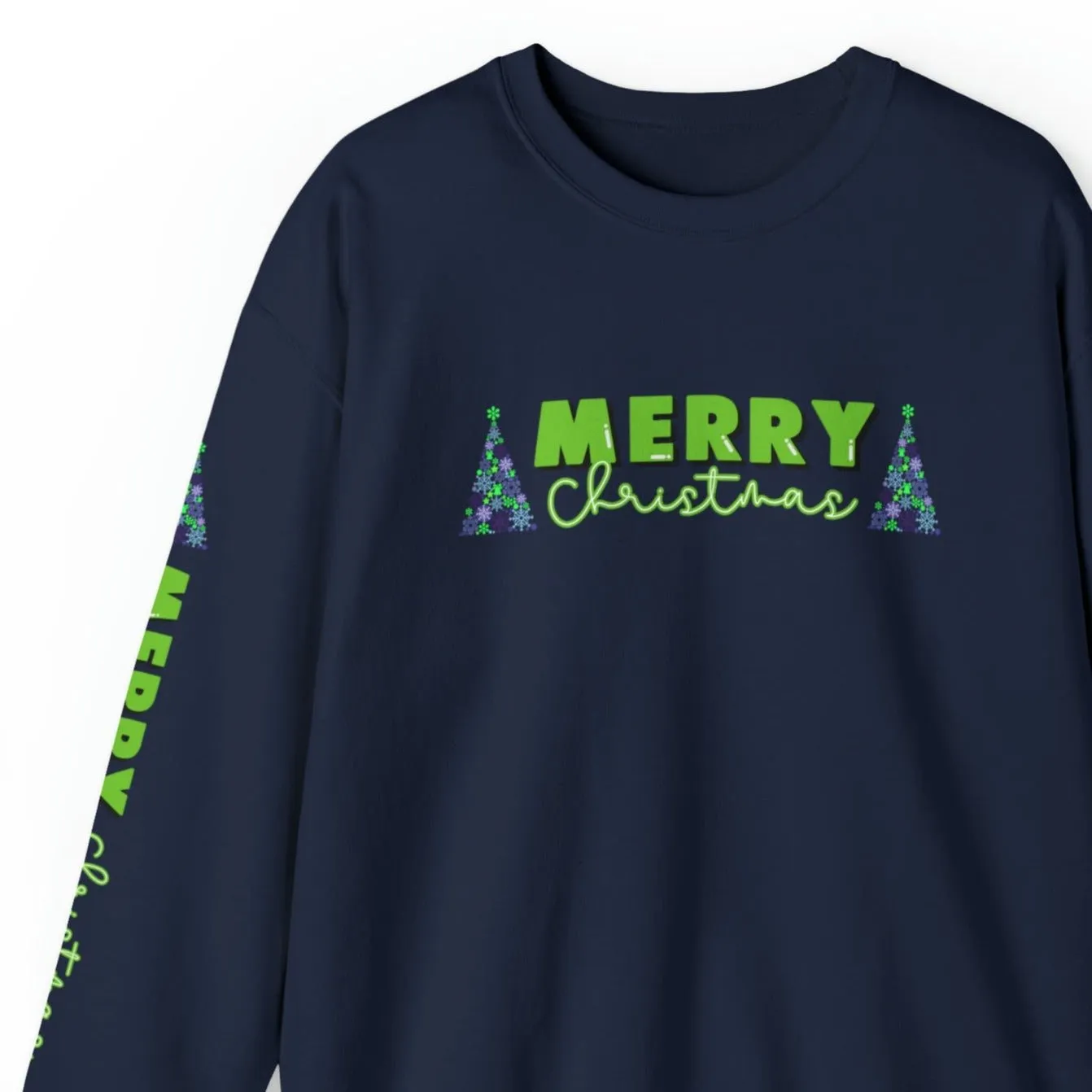Merry Christmas Decorated Trees Women's Sweatshirt: Festive Arm Detail