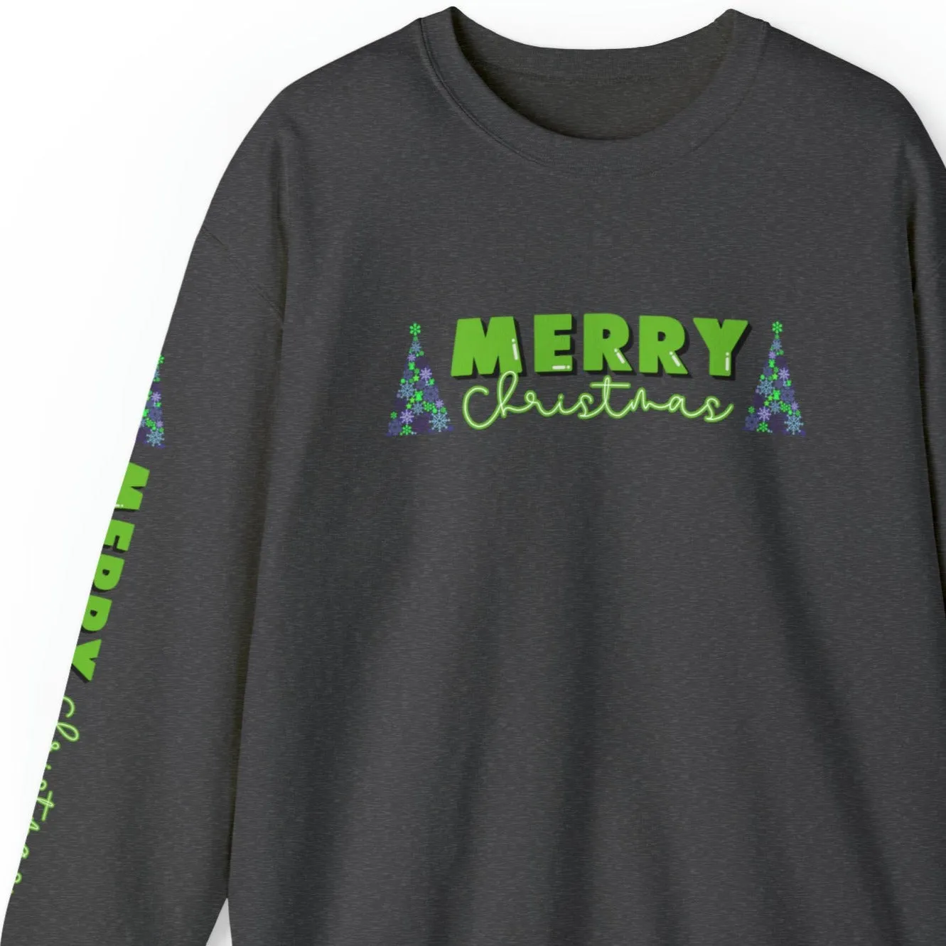 Merry Christmas Decorated Trees Women's Sweatshirt: Festive Arm Detail