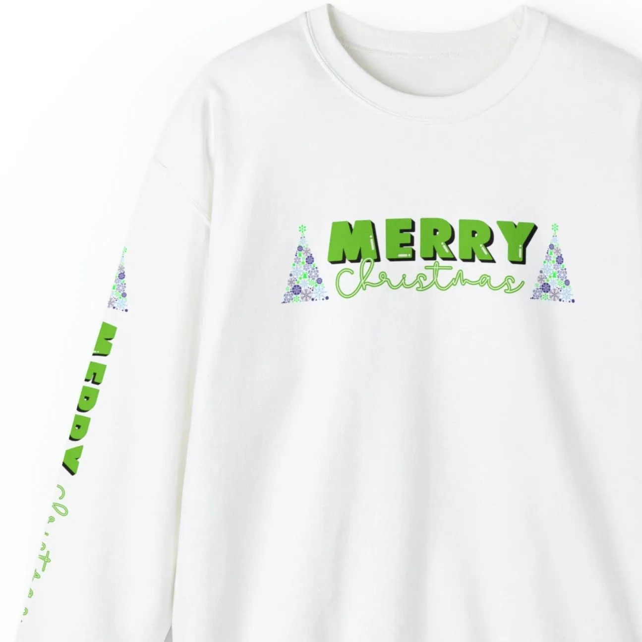 Merry Christmas Decorated Trees Women's Sweatshirt: Festive Arm Detail