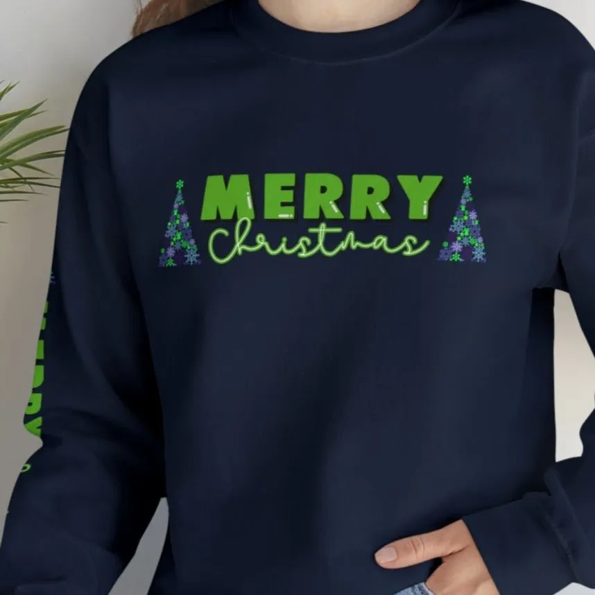 Merry Christmas Decorated Trees Women's Sweatshirt: Festive Arm Detail