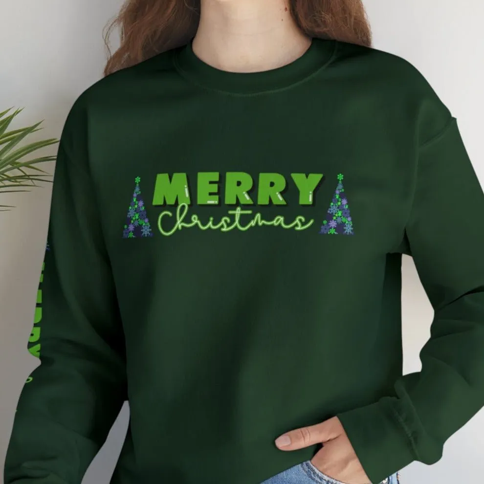 Merry Christmas Decorated Trees Women's Sweatshirt: Festive Arm Detail