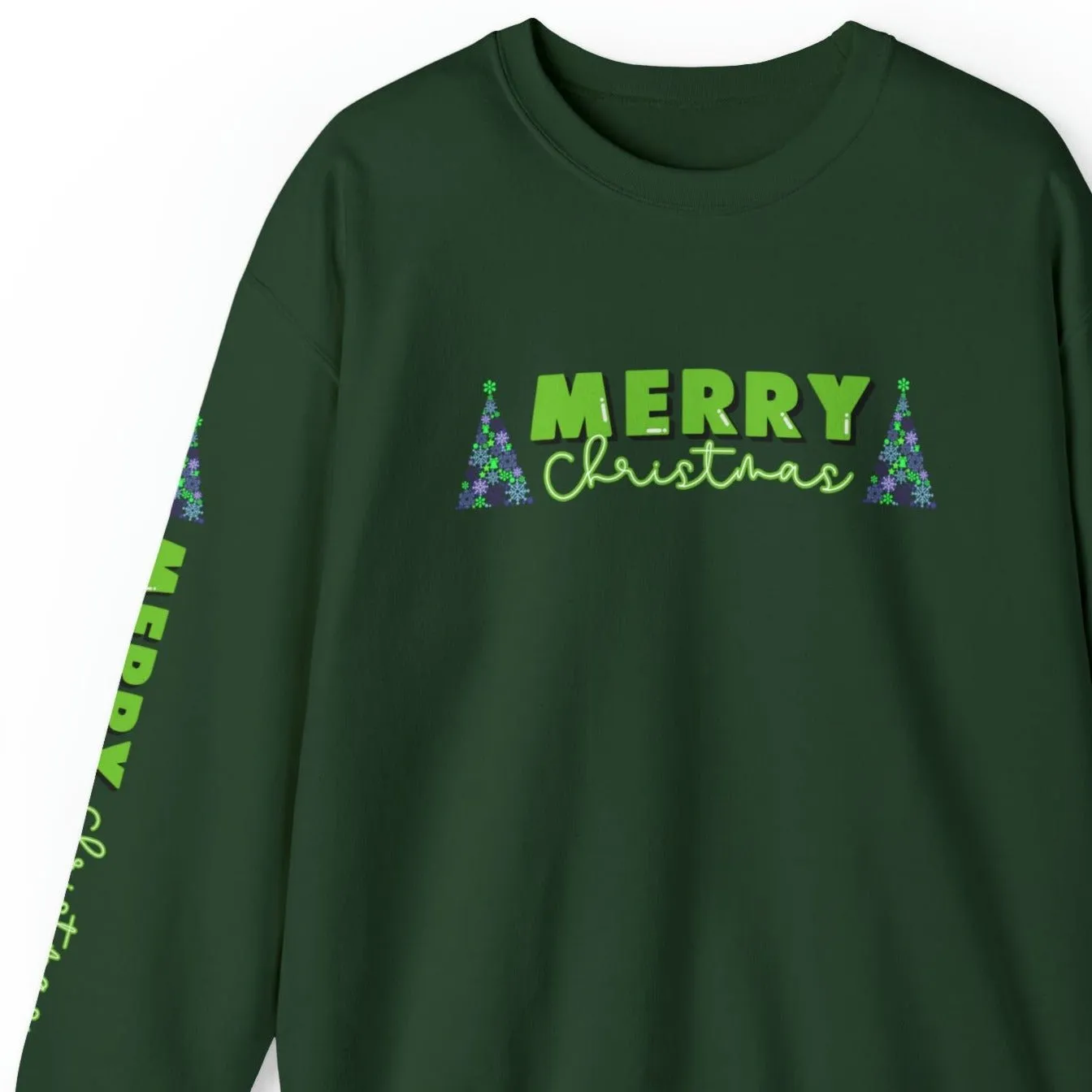 Merry Christmas Decorated Trees Women's Sweatshirt: Festive Arm Detail