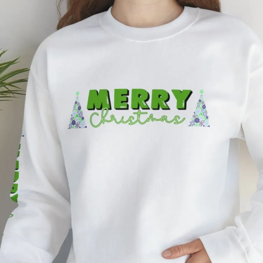 Merry Christmas Decorated Trees Women's Sweatshirt: Festive Arm Detail