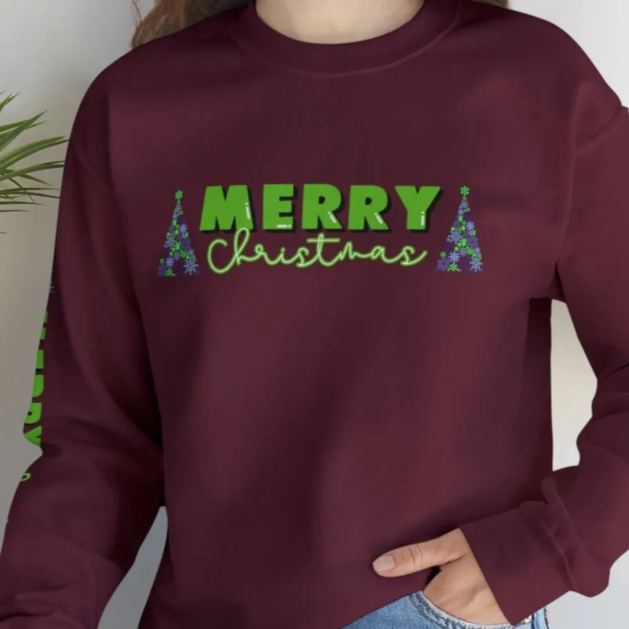 Merry Christmas Decorated Trees Women's Sweatshirt: Festive Arm Detail