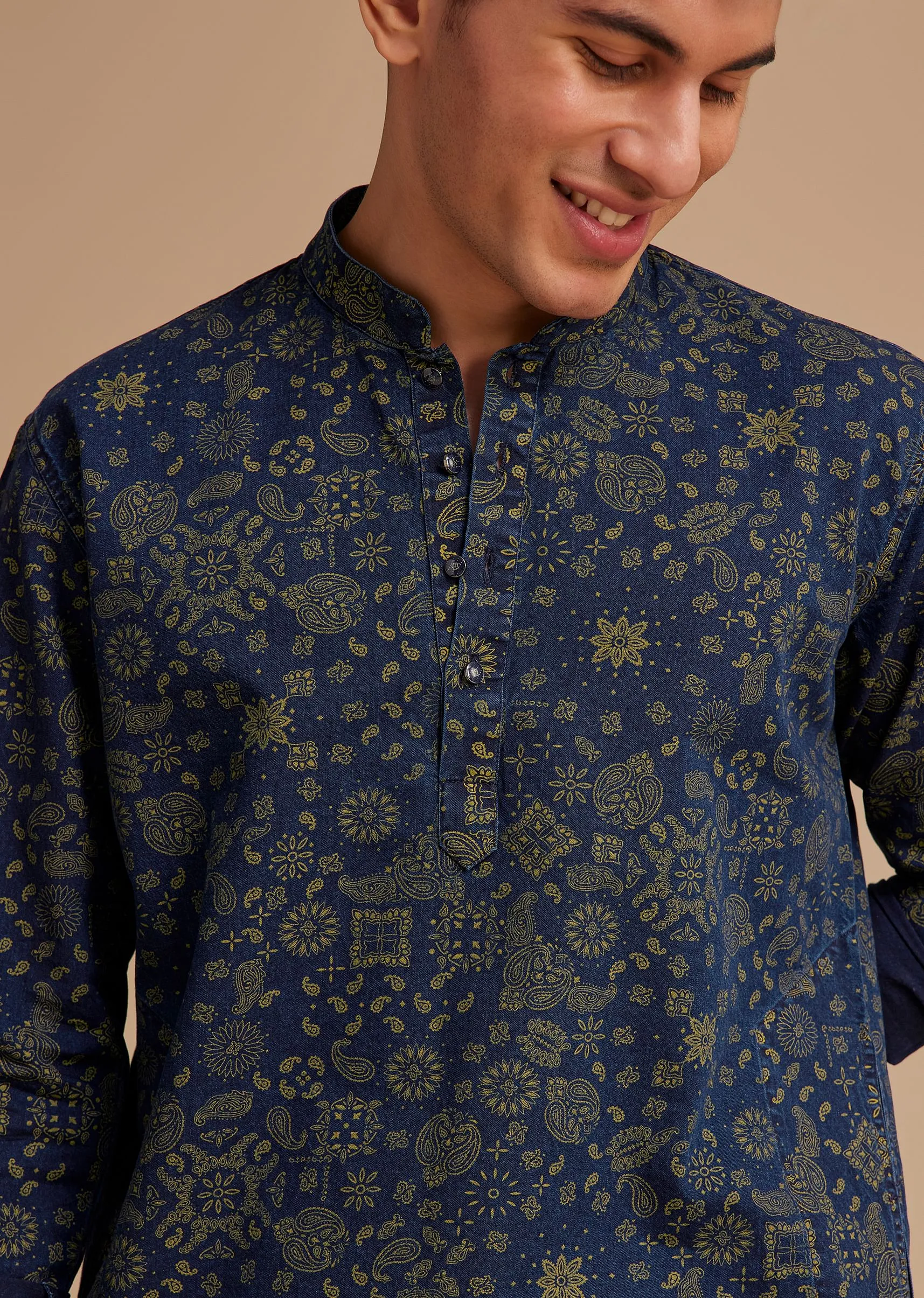 Navy Blue Cotton Denim Traditional Printed Kurta Set