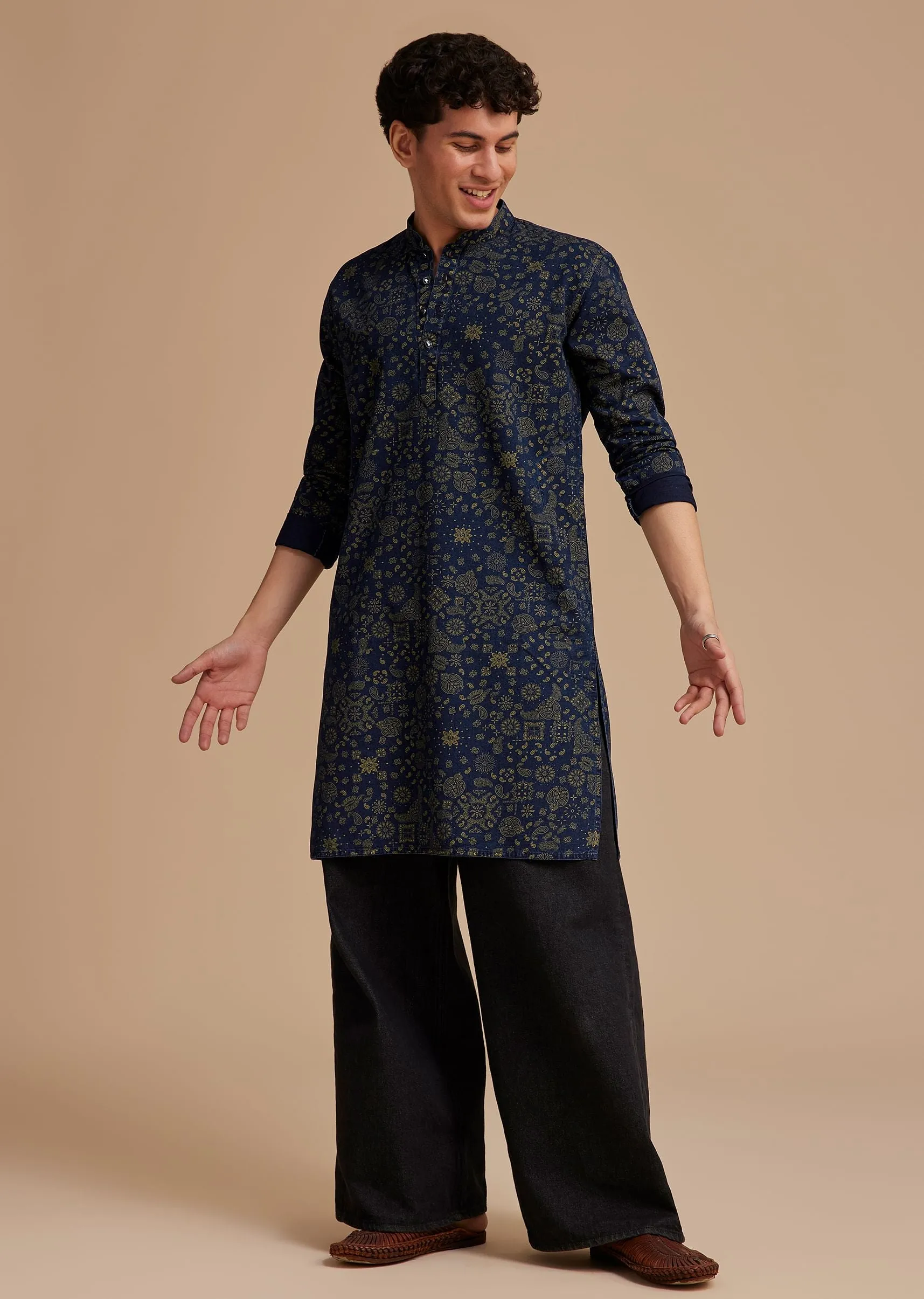 Navy Blue Cotton Denim Traditional Printed Kurta Set
