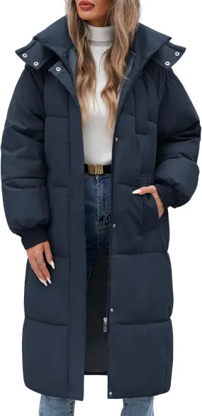 Women'S Long Winter Coat Long Sleeve Puffer Quilted Coats Thickened Warm Hooded Padded Jackets Ladies Longline Windproof Outerwear for Winter