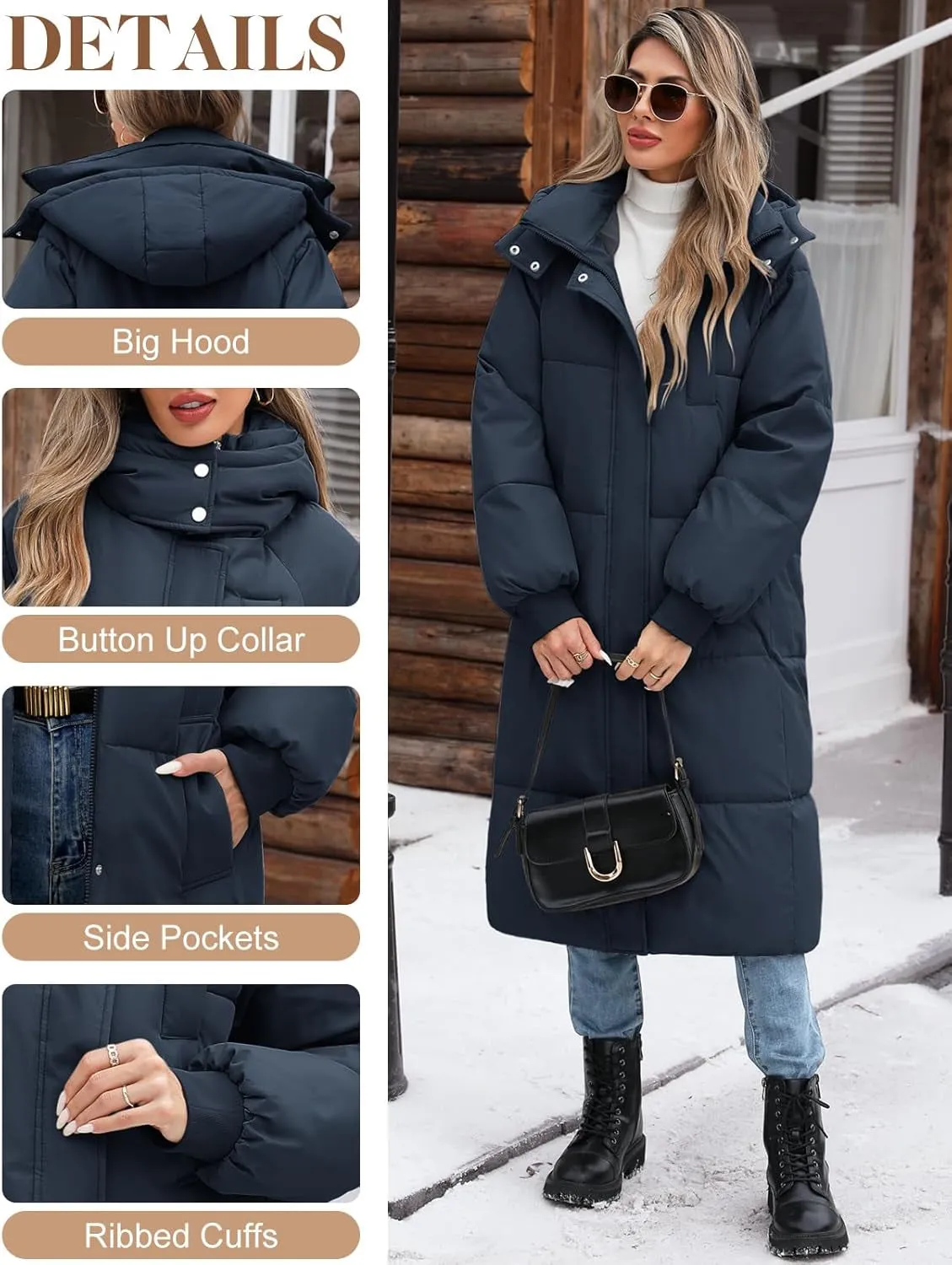 Women'S Long Winter Coat Long Sleeve Puffer Quilted Coats Thickened Warm Hooded Padded Jackets Ladies Longline Windproof Outerwear for Winter